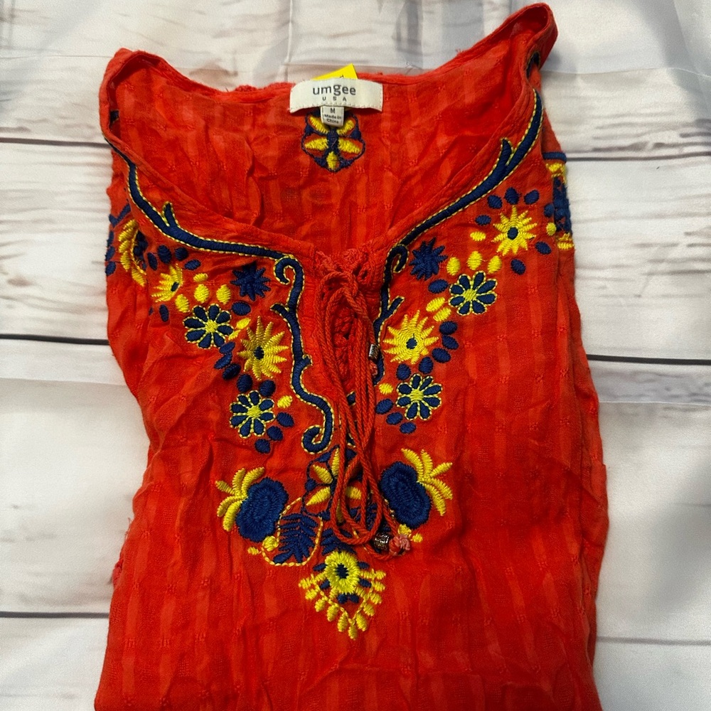 Umgee Coral Tunic / Dress (mini) with Blue and Yellow Embroidery Size Medium EUC - Picture 13 of 13